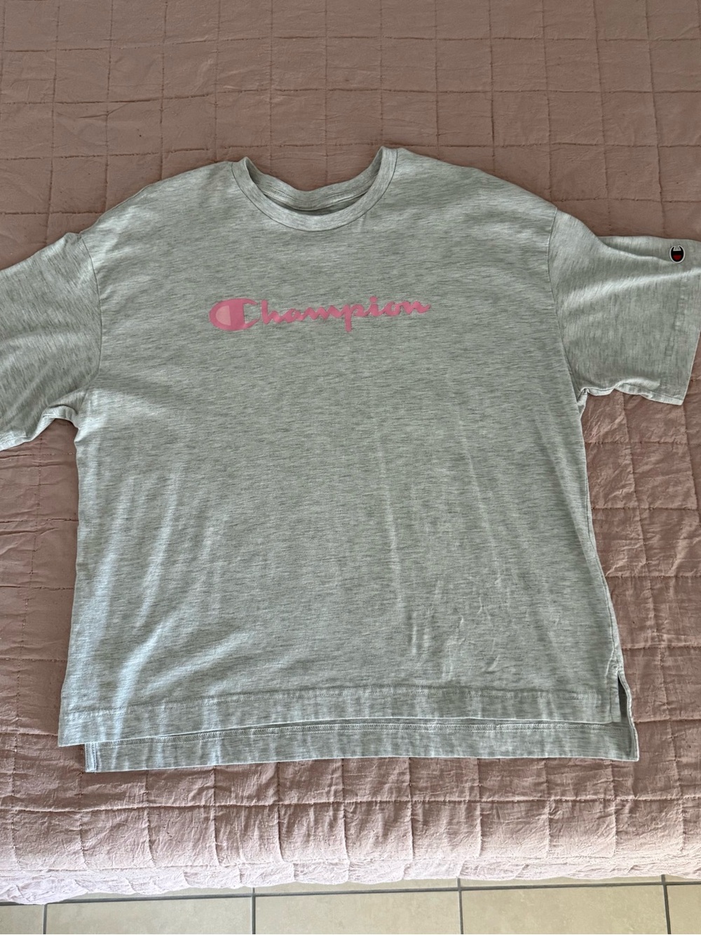 Champion Light Gray T-Shirt with Pink Script Logo